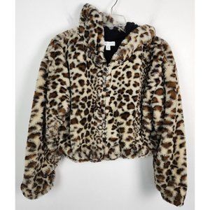 Topshop Women's Sz. 4/6 Leopard Faux Fur Front Zip Hooded Jacket